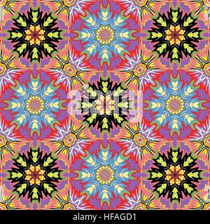 Vector background seamless oriental. Rouge Bleu Jaune mandalas symétriquement disposés sur un fond coloré Illustration de Vecteur