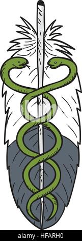 Style croquis dessin illustration d'un serpent médicaux interdépendants dans Eagle Feather vue de l'avant ensemble isolées sur fond blanc. Illustration de Vecteur