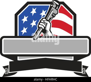 Illustration d'une main tenant la clé en tube réglable vu du côté situé à l'intérieur de la crête du bouclier avec usa american stars and stripes flag dans Illustration de Vecteur