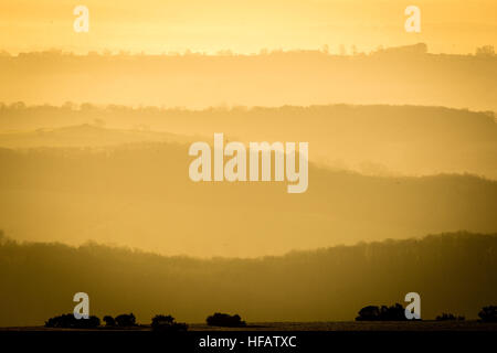 Crêtes bordées d'poke à travers la brume et le brouillard comme il se bloque dans les vallées sur les collines de Mendip, Somerset au lever du soleil après une nuit de brouillard et des températures sous zéro à travers les régions du sud de l'Angleterre. Banque D'Images