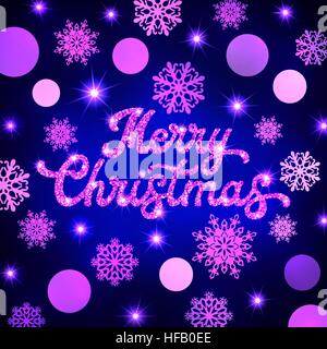 Joyeux Noël glitter lettrage main inscription sur fond rose de Noël avec des cercles, des flocons de neige. Texture scintillante texte sur fond bleu. Seasons Greetings card design. Illustration vecteur de polices. Illustration de Vecteur