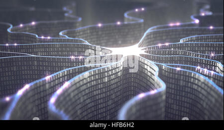 Neurone artificiel dans le concept de l'intelligence artificielle. En forme de mur binary codes faire les lignes de transmission d'impulsions. Banque D'Images