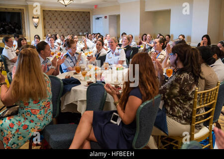 150507-N-BD629-425 Fort Lauderdale, Floride (7 mai 2015) Arrière Adm. Mary M. Jackson, commandant de la région sud-est, de la Marine, de sourires que les marins du navire d'assaut amphibie USS Wasp LHD (1), de la classe Arleigh Burke destroyers lance-missiles USS Cole (DDG 67) et l'USS James E. Williams (DDG 95), U.S. Coast Guard Cutter de classe Sentinelle USCGC Richard Etheridge (CPA 1102), et les Marines affectés à la 22e unité expéditionnaire de marines pendant la 'Salute aux femmes dans l'Armée' événement, dans le cadre de la Semaine de la flotte Port Everglades. Marins, marines et gardes côte à partir de cinq navires participent à la 25e Banque D'Images