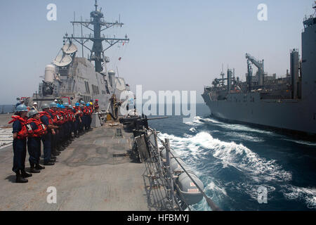 120724-N-AP176-004 GOLFE D'OMAN (24 juillet 2012) Les marins à bord de l'USS destroyer lance-missiles Nitze (DDG 94) les rails en préparation pour un ravitaillement en mer avec le transport maritime de marchandises sèches commande militaire et des munitions ship USNS Carl Brashear (T-AKE 7). Nitze est déployée dans le cadre de l'entreprise Groupe aéronaval de la 5e Flotte des États-Unis zone de responsabilité des opérations de sécurité maritime, les efforts de coopération en matière de sécurité dans le théâtre et missions d'appui dans le cadre de l'opération Enduring Freedom. (U.S. Photo par marine Spécialiste de la communication de masse 3 classe Jeff Atherton/libérés) Offi - Banque D'Images