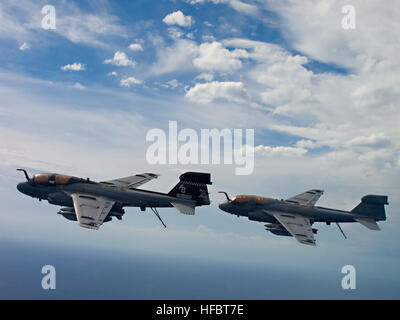 La mer d'Oman (oct. 15, 2012) Deux Rôdeurs EA-6B affecté à l'Escadron d'attaque électronique de corbeaux freux (VAQ) 137 voler en formation sur le porte-avions USS Enterprise (CVN 65). Enterprise est déployé sur le 5e Flotte des États-Unis zone de responsabilité des opérations de sécurité maritime, les efforts de coopération en matière de sécurité dans le théâtre et missions d'appui dans le cadre de l'opération Enduring Freedom. (U.S. Photo de la marine par le lieutenant Cmdr. Josh Hammond/libérés) 121015-N-ZZ999-009 www.facebook.com/USNavy www.twitter.com/USNavy la conversation Inscrivez-vous navylive.dodlive.mil - Imagerie de la Marine Américaine - deux Rôdeurs EA-6B fly Banque D'Images