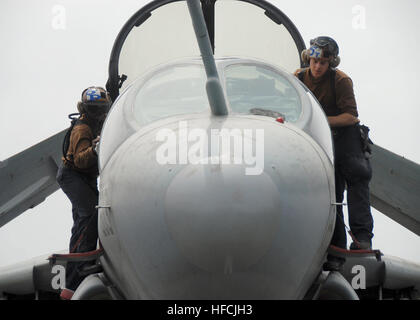 080710-N-1281H-013 NORD DE LA MER D'OMAN (10 juillet 2008) avion capitaines affectés à l 'Lancers' de l'Escadron d'attaque électronique (VAQ) 131 Réaliser un pré-vol, l'entretien et le nettoyage d'un EA-6B Prowler Jeudi, 10 juillet 2008 à bord du porte-avions de classe Nimitz USS ABRAHAM LINCOLN (CVN 72) dans le Nord de la mer d'Oman. Lincoln est déployé sur le 5e Flotte des États-Unis zone de responsabilité pour soutenir les opérations Iraqi Freedom et Enduring Freedom ainsi que d'opérations de sécurité maritime. U.S. Navy photo de l'électronique d'aviation aviateur Technicien Ashley Houp (libéré) des opérations à bord de l'USS Abraham Lincol Banque D'Images