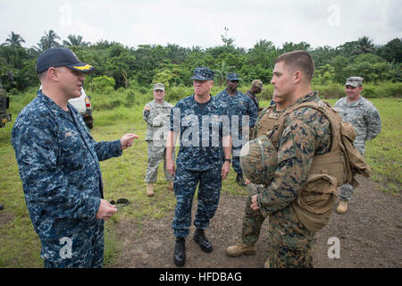 150314-N-JP249-039 ISSONGO, Cameroun (14 mars 2015) 6e vice-commandant de la flotte américaine Adm arrière. Tom Reck, centre, et Task Force 63, le Capt John Rinko parler avec des marines américains le 14 mars 2015 Partenariat pour l'Afrique au cours de la station Issongo, Cameroun. Partenariat de l'Afrique, une collaboration internationale, programme de renforcement des capacités est en cours avec un déploiement prévu par le Commandement du transport maritime militaire conjointe du bateau à grande vitesse l'USNS Lance (JHSV 1). (U.S. Photo par marine Spécialiste de la communication de masse 2e classe Kenan O'Connor/libérés) Partenariat Afrique Gare 15031 Banque D'Images