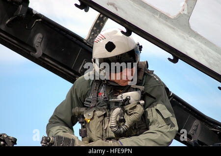 050211-N-5431H-001 Virginia Beach, en Virginie (fév. 11, 2005) - Commandant, Commandement de la flotte américaine, le SMA. William J. Fallon monte dans la banquette arrière d'un F-14D Tomcat, affecté à la "Grim Reapers" d'un escadron de chasse zéro Un (VF-101), à bord d'Naval Air Station Oceana, Va. Adm. Fallon, un officier de vol, a été invité par VF-101 pour un dernier vol avec la permission de monter en raison de la F-14 Tomcat de retraite à venir. Fallon a enregistré plus de 1 300 atterrissages carrier-arrêté et 4 800 heures de vol en avion à réaction tactique. VF-101 de la Marine américaine est le seul escadron de remplacement de la flotte pour le F-14 Tomcat, tra Banque D'Images