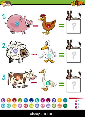 Cartoon Illustration de l'activité d'enseignement de la soustraction mathématique jeu pour les enfants avec des caractères des animaux de ferme Illustration de Vecteur