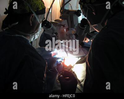 030412-N-0728B-003 de la zone de responsabilité du Commandement central (avr. 12, 2003) -- Le Capitaine de vaisseau Clint Fletcher un ophtalmologiste de Pensacola, en Floride (à gauche) et l'hôpital Corpsman 3rd Class Bryan de triplet Manteca, en Californie, l'exploitation sur un prisonnier Irakien non identifiés d'warÕs (EPW) œil dans l'un des deux hôpitaux de la flotte (FH-3) Trois salles. FH-3 le personnel a vu plus de 500 patients et a mené plus de 280 interventions chirurgicales, puisque la construction du NavyÕs première installation médicale expéditionnaire dans une zone de combat et de voir leur premier patient le 1er avril. FH-3agir de capacités chirurgicales rang fr Banque D'Images