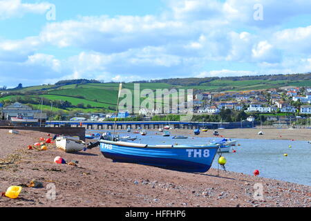 Bateau de pêche bleu sur Shaldon Beach Banque D'Images