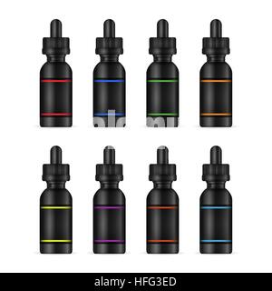 Les bouteilles de liquide Vape. Set photo-réaliste bouteille liquide des maquettes de différentes saveurs. Les saveurs de la cigarette électronique. Arrière-plan blanc. Vector illustr Illustration de Vecteur