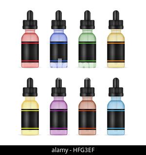 Les bouteilles de liquide Vape. Set photo-réaliste bouteille liquide des maquettes de différentes saveurs. Les saveurs de la cigarette électronique. Arrière-plan blanc. Vector illustr Illustration de Vecteur