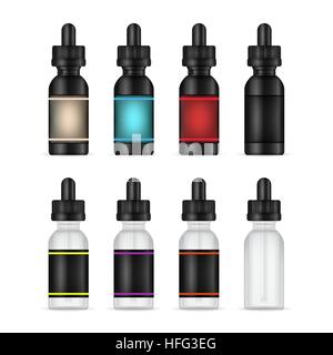 Les bouteilles de liquide Vape. Set photo-réaliste bouteille liquide des maquettes de différentes saveurs. Les saveurs de la cigarette électronique. Arrière-plan blanc. Vector illustr Illustration de Vecteur