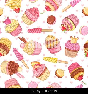 Petits gâteaux, bonbons et pâtisseries modèle vectoriel continu avec des coeurs roses. Saint Valentines Day décoration. Illustration de Vecteur