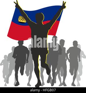 Athlète avec le drapeau du Liechtenstein à l'arrivée Banque D'Images