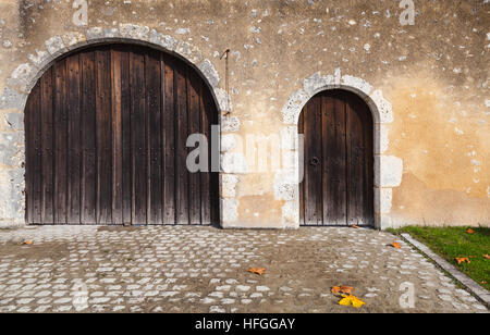 Portes en bois sombre dans le vieux mur de pierre, la texture de fond photo Banque D'Images