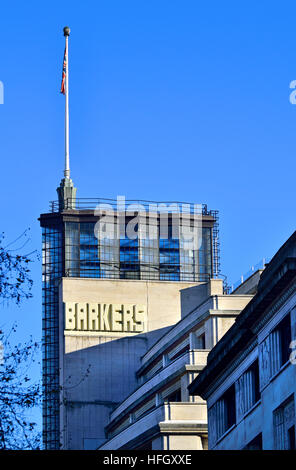 Londres, Angleterre, Royaume-Uni. Ancien magasin Dept Barkers, Kensington High Street (Art Déco, 1938 - arch : Bernard George) façade Art déco détail Banque D'Images