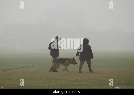 Londres, Royaume-Uni. Déc 30, 2016. Un couple avec leur gog vu marcher à travers le brouillard le 30 décembre 2016. Les températures glaciales ont créé un froid glacial et brumeux, départ pour une grande partie de l'Angleterre et au Pays de Galles pour un troisième jour. Avertissements de temps violent jaune ont été émis par le MET Office. © David Mbiyu/Alamy Live News Banque D'Images