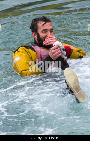 Poole, Dorset, UK. 1er janvier 2017. Des centaines se regarder le jour de baignoire la race. Une variété de métiers d'inhabituelles prendre à l'eau pour la race, s'amusant lancer des œufs et de la farine, tirant des canons à eau et de l'artisanat. concurrentes chavirement . L'homme dans l'eau Banque D'Images