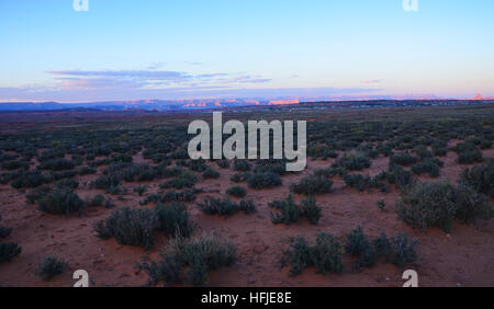 Horseshoe Bend, Arizona avec de nombreux buissons et de sable rouge sur le coucher du soleil Banque D'Images