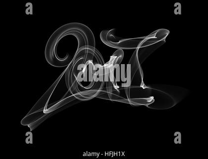 Bonne année 2017 numéros isolés écrit avec lettrage blanc feu flamme ou de la fumée sur fond noir Banque D'Images