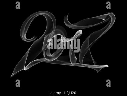 Bonne année 2017 numéros isolés écrit avec lettrage blanc feu flamme ou de la fumée sur fond noir Banque D'Images