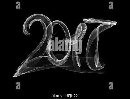 Bonne année 2017 numéros isolés écrit avec lettrage blanc feu flamme ou de la fumée sur fond noir Banque D'Images