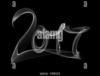 Bonne année 2017 numéros isolés écrit avec lettrage blanc feu flamme ou de la fumée sur fond noir Banque D'Images