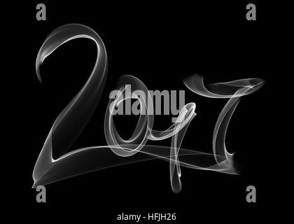 Bonne année 2017 numéros isolés écrit avec lettrage blanc feu flamme ou de la fumée sur fond noir Banque D'Images