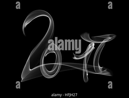 Bonne année 2017 numéros isolés écrit avec lettrage blanc feu flamme ou de la fumée sur fond noir Banque D'Images