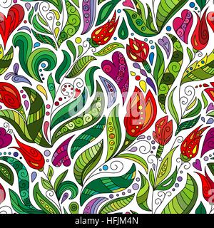 Floral ethnique zentangle, doodle motif. Belles fleurs art transparente. Éléments de conception d'herbes à la main. Motif multicolore lumineux. Facile pour changer. Illustration de Vecteur