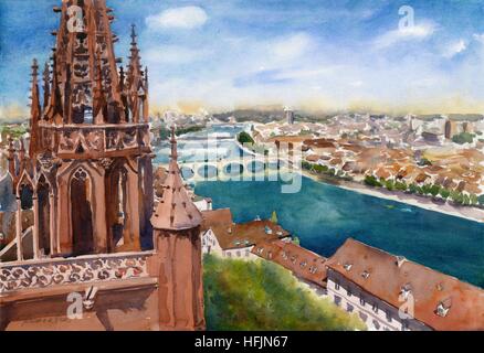 L'aquarelle, à la vue aérienne sur le Rhin et la ville de Bâle (Bâle, balle, Basilea) de la tour de Munster Banque D'Images