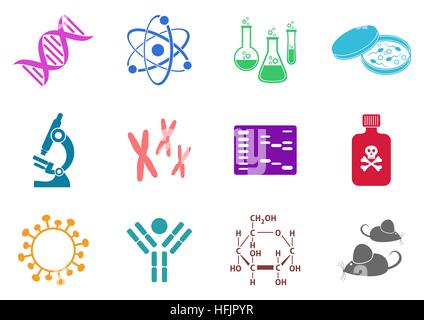 Ensemble de douze icônes colorées sciences biologie moléculaire Illustration de Vecteur