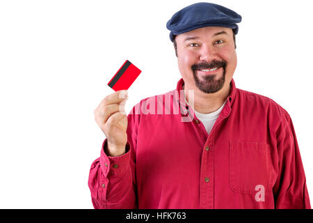 L'homme motivé par une idée lumineuse tenant une carte de crédit jusqu'à la main avec un grand sourire qu'il imagine les opportunités qu'il ouvre pour lui s'il Banque D'Images