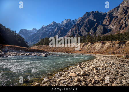 La rivière teesta circulant dans la vallée yumthang. La vallée est un pâturage pâturage entouré par des chaînes de montagnes. Banque D'Images