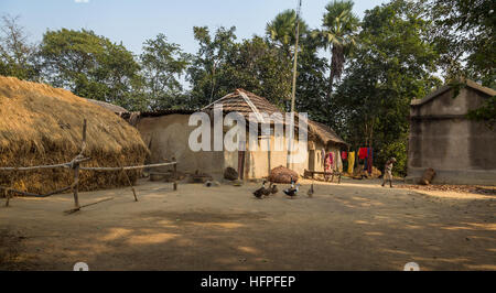 Village de l'Inde rurale à Bankura, Bengale occidental avec des huttes de boue, de la volaille et des vieux femmes tribales debout sur la cour. Banque D'Images