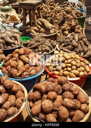 Différents légumes racines et les pommes de terre pour la vente de seaux sur le marché local au Cameroun, l'Afrique Banque D'Images