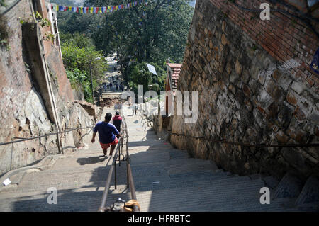 Les 365 marches à l'escalier à l'Est du Temple de Swayambhunath (Monkey) Site du patrimoine mondial à Katmandou, Népal.Asie. Banque D'Images