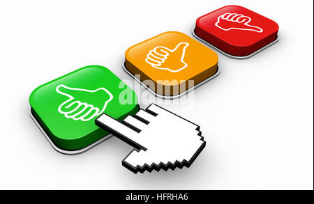 Client heureux cliquez sur bouton de rétroaction positive business et marketing concept. Banque D'Images