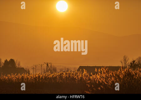 Coucher du soleil d'hiver au pied des montagnes Owl Basse Silésie Pologne Eulengebirge Banque D'Images