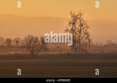 Coucher du soleil d'hiver au pied des montagnes Owl Basse Silésie Pologne Eulengebirge Banque D'Images