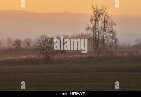 Coucher du soleil d'hiver Montagnes Owl Basse Silésie Pologne Eulengebirge Banque D'Images