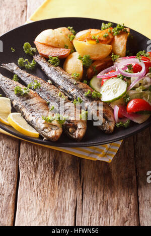 Sardines grillées avec pommes de terre rôties et une salade fraîche sur le gros plan de la plaque verticale. Banque D'Images