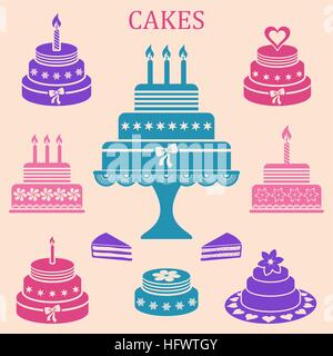 Gâteaux de mariage et d'anniversaire Illustration de Vecteur