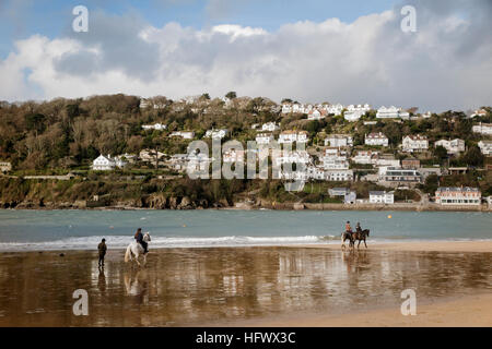 L'exercice de chevaux sur la plage à Salcombe, Devon du sud Banque D'Images