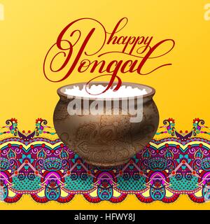 Happy pongal lettrage d'encre manuscrite inscription sur pai floral Illustration de Vecteur