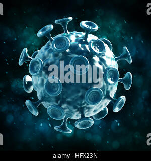 Virus vert isolé sur fond sombre. 3D illustration. Banque D'Images