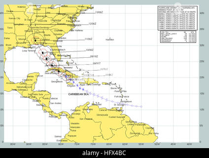 050708-N-0000X-002 Golfe du Mexique (8 juillet 2005) Graphique illustrant l'Ð voie prévue de l'ouragan Dennis. L'ouragan de catégorie 4, sur l'échelle Saffir-Simpson Échelle de notation, avec des vents soufflant jusqu'à 135 mph devrait toucher terre tard dimanche. La première saison de l'ouragan a été considéré comme une catégorie 4, ce qui signifie que les vents étaient au-dessus de 131 mph, mais moins de 155 mph. Les prévisionnistes anticipent un renforcement significatif avant de toucher terre. En outre, une veille d'ouragan est toujours en vigueur pour certaines parties du centre et de l'Est de Cuba. À partir de 8 h (EDT (1200 GMT), Dennis était situé à 230 kilomètres au sud-est de La Havane, Cuba, et l'ab Banque D'Images