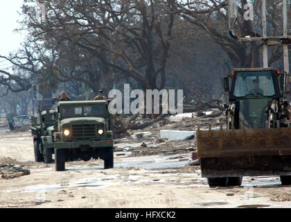 Les véhicules des Seabees de l'US Navy du construction Battalion Center, Gulfport, Mississippi, forment un convoi le long de la U.S. Highway 90 pour enlever les débris laissés par l'ouragan Katrina. L’opération s’inscrit dans le cadre de l’aide humanitaire de la Marine coordonnée avec la Federal Emergency Management Agency (FEMA) et le Département de la Défense. Banque D'Images